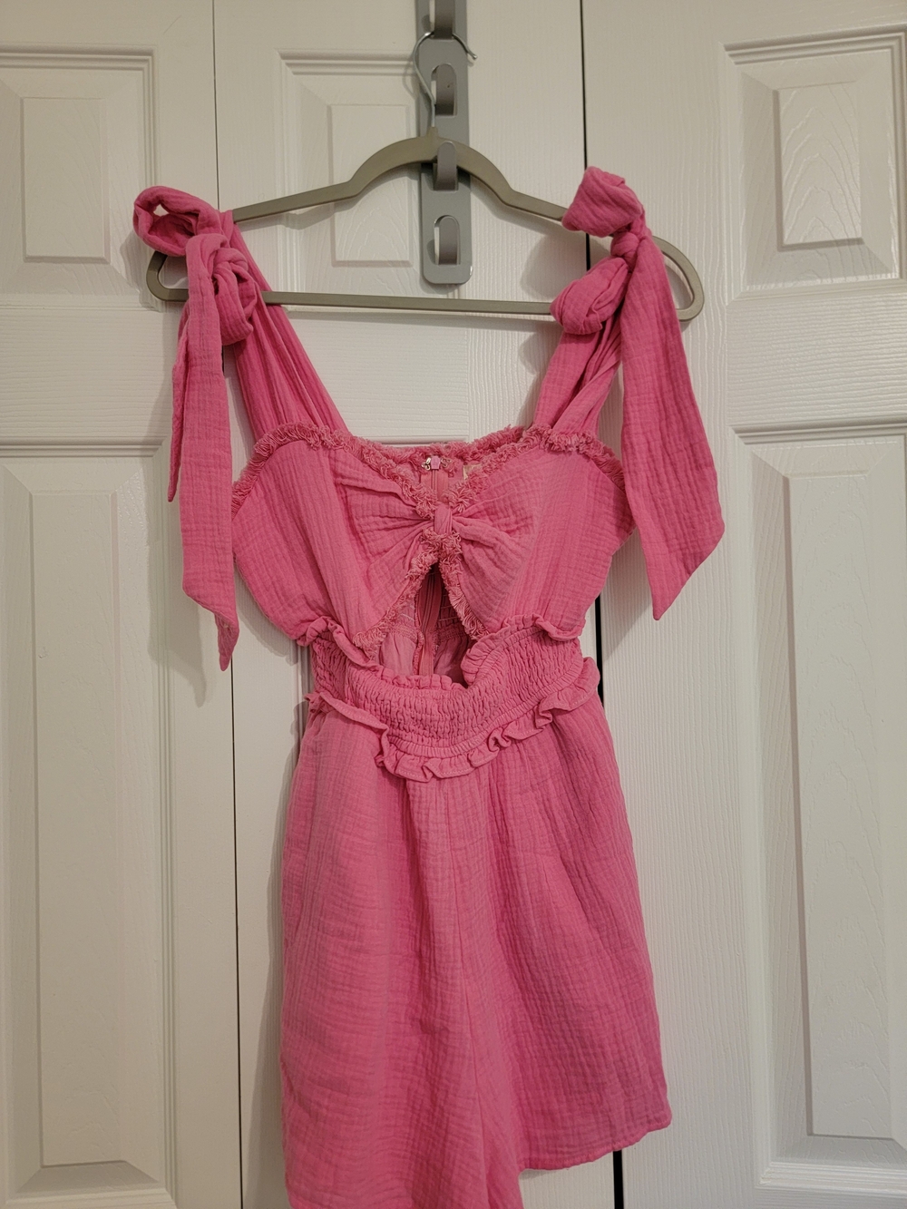 Impressions Bright Pink Textured Tie-Shoulder Romper